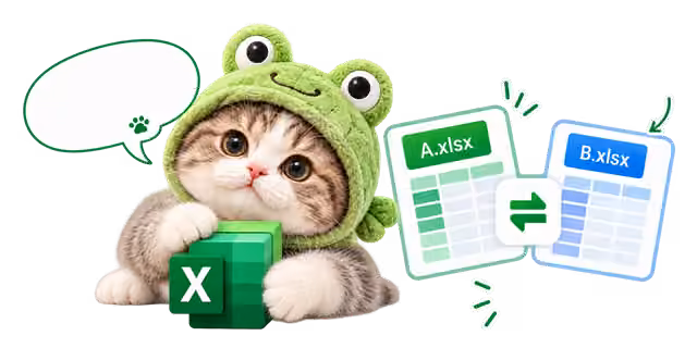 A cat in a frog hat comparing two Excel files